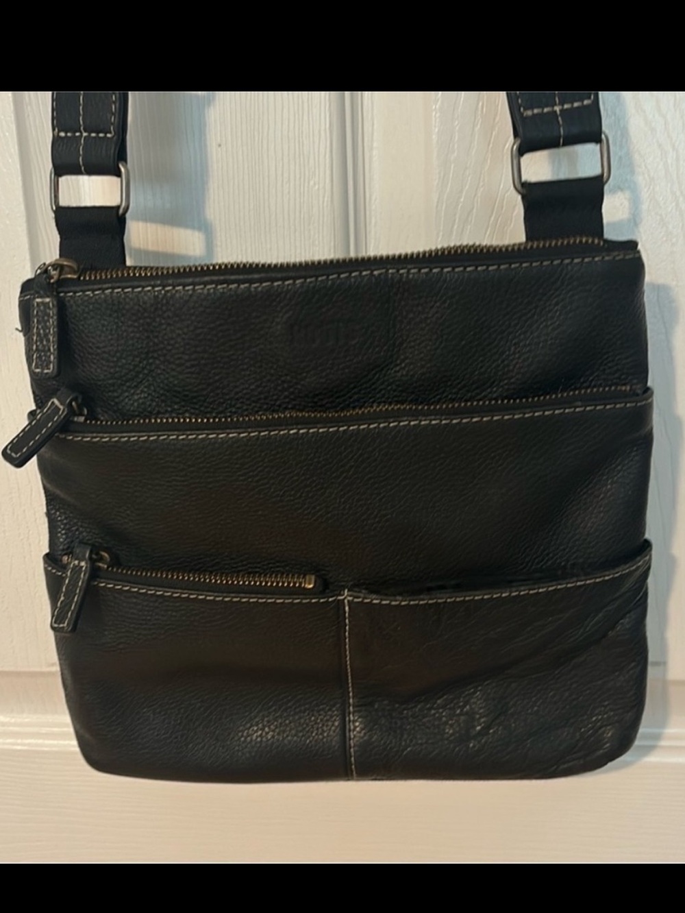 ROOTS black pebbled leather & canvas crossbody bag purse